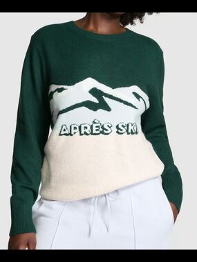 PINK Victoria's Secret Green & Cream 'Après Ski' Crewneck Sweater LARGE NWT